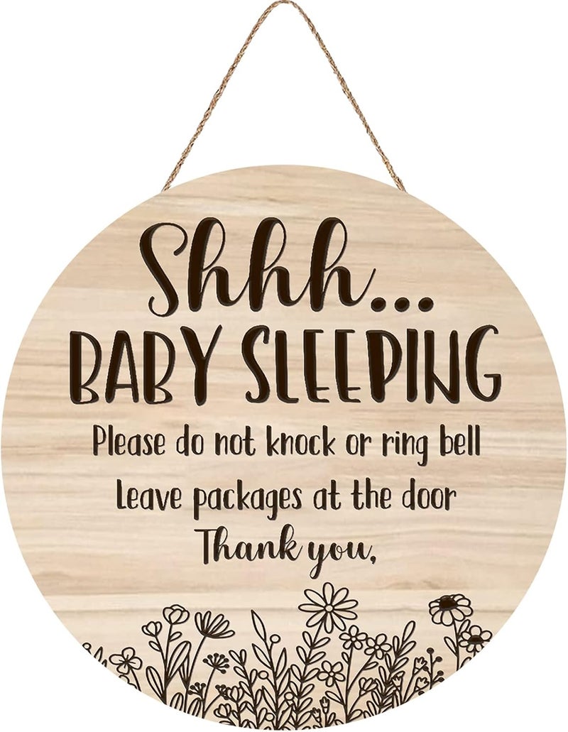 Fenarenes Shhh... Baby Sleeping Hanging Sign Plaque, Do Not Knock Or Ring The Bell, Round Sturdy Wooden Door Hanger for Baby Room, Nursery, Kindergarten, Bedroom, Door Knob Decor 12In - Image 1